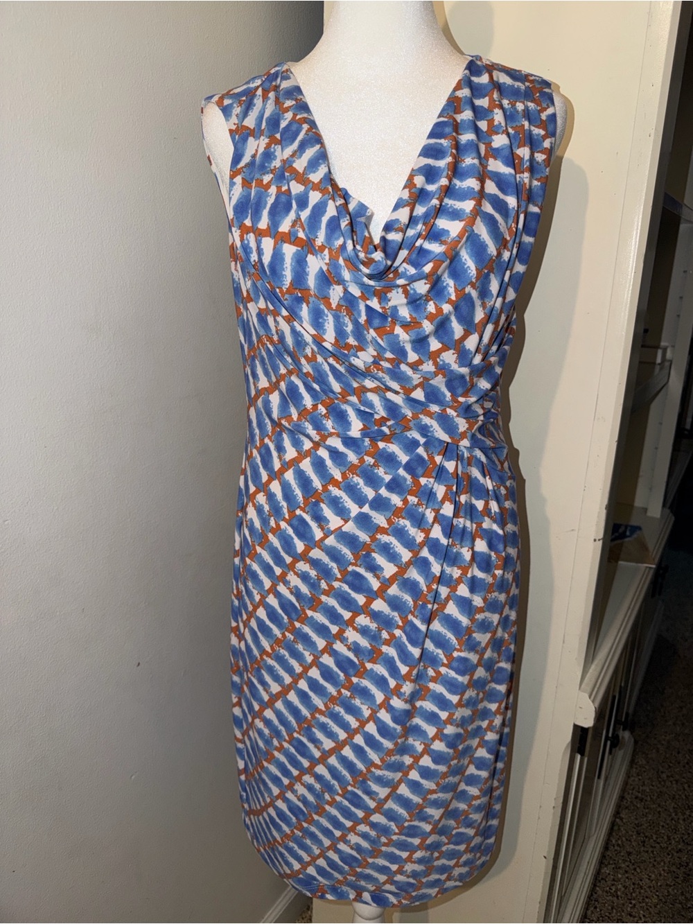 Jones New York Blue & Rust Drape-Neck Faux-Wrap Midi Dress